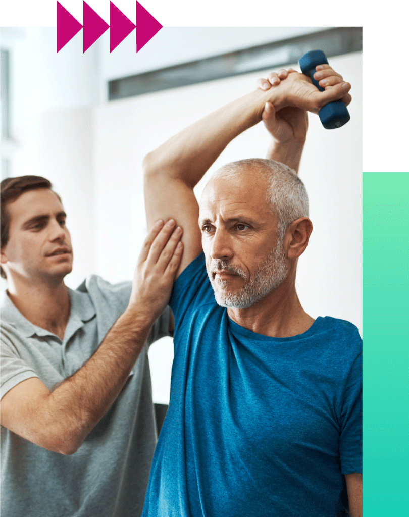 therapist-working-helping-patient-move-arms-with-weights therapist working with patient on arm movement