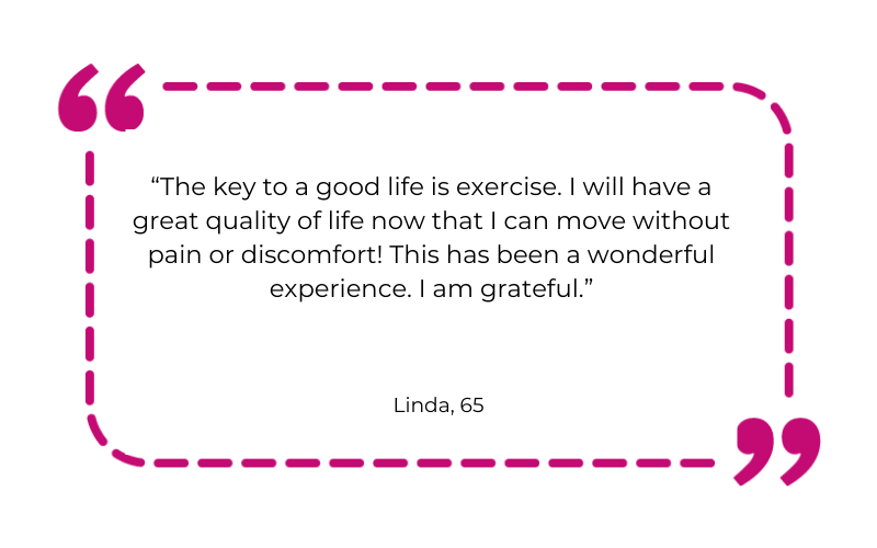 The key to a good life is exercise. I will have a great quality of life now that I can move without pain or discomfort! This has been a wonderful experience. I am grateful.